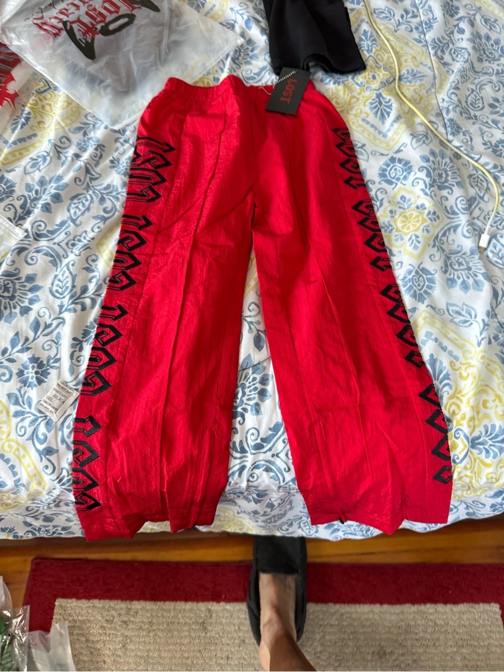Lost Intricacy Kids Size 7T Red Graphic Track Pants with Black Gothic Print